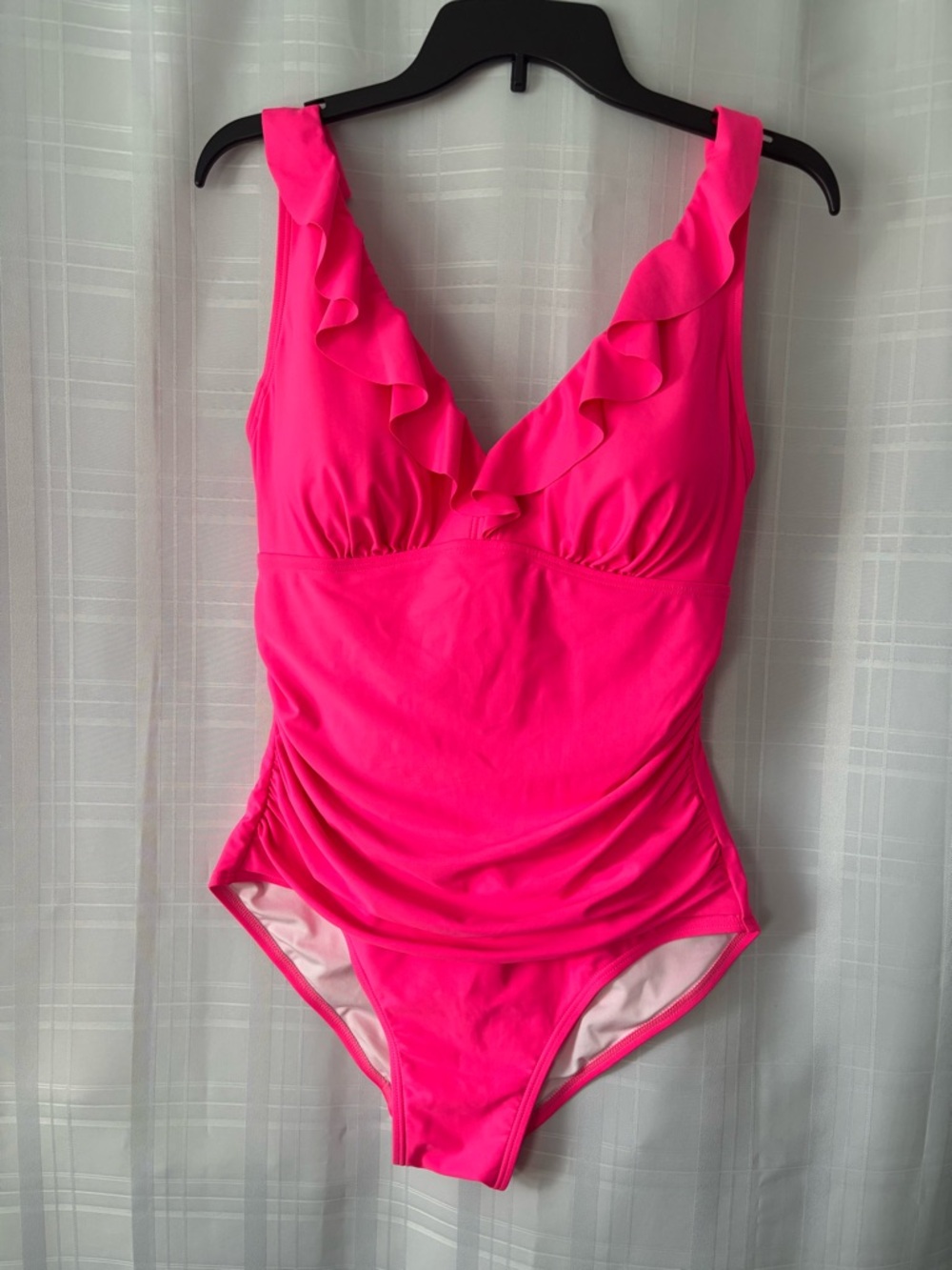DKNY Bright Pink Ruffle V-Neck One-Piece Swimsuit